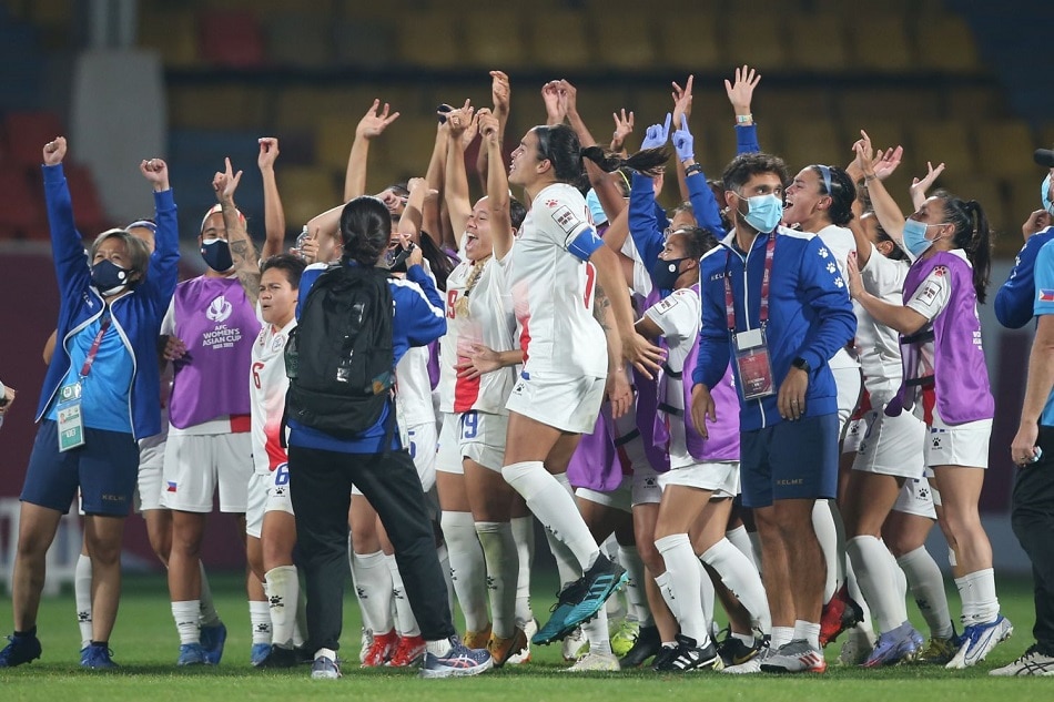 The Philippine women's national football team celebrates after securing their spot in the FIFA Women's World Cup 2023. Photo courtesy of the AFC.