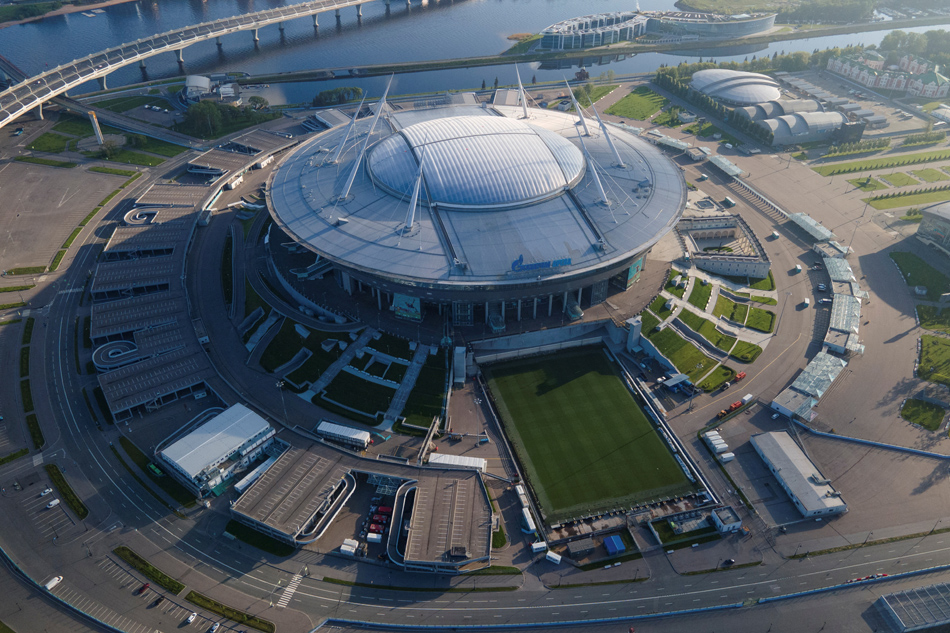 An aerial view shows the Gazprom Arena football stadium in St Petersburg, Russia May 25, 2021. Picture taken with a drone. Anton Vaganov, Russia/file