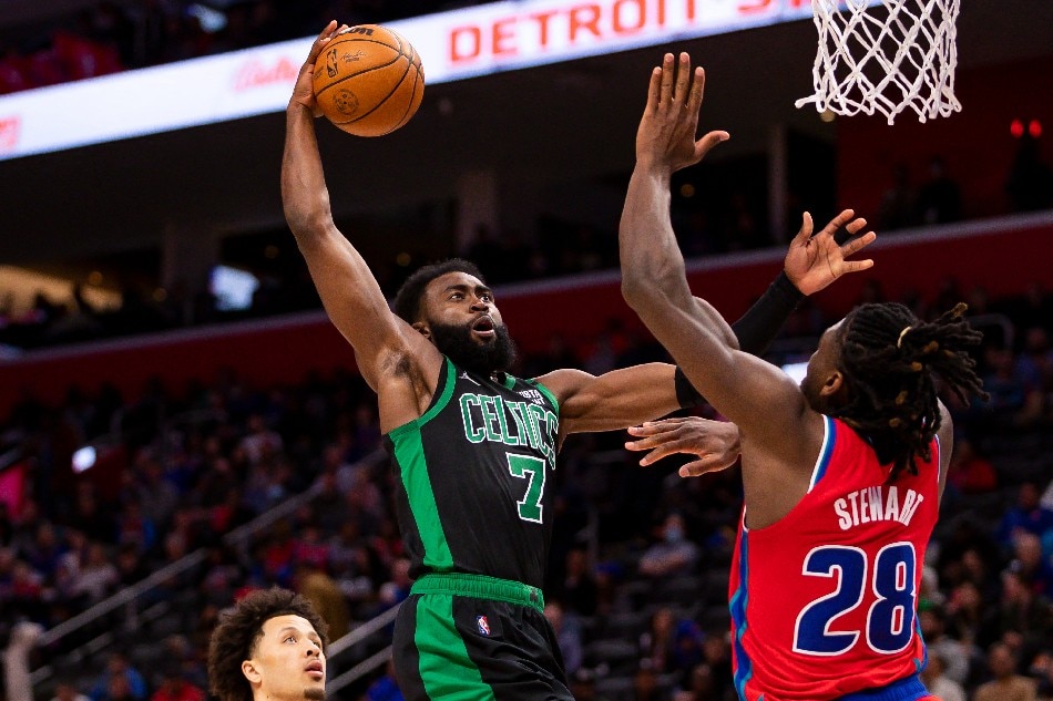Boston Celtics guard Jaylen Brown (7) goes up for a shot against Detroit Pistons center Isaiah Stewart (28) during the third quarter at Little Caesars Arena. Raj Mehta, USA TODAY Sports/Reuters.