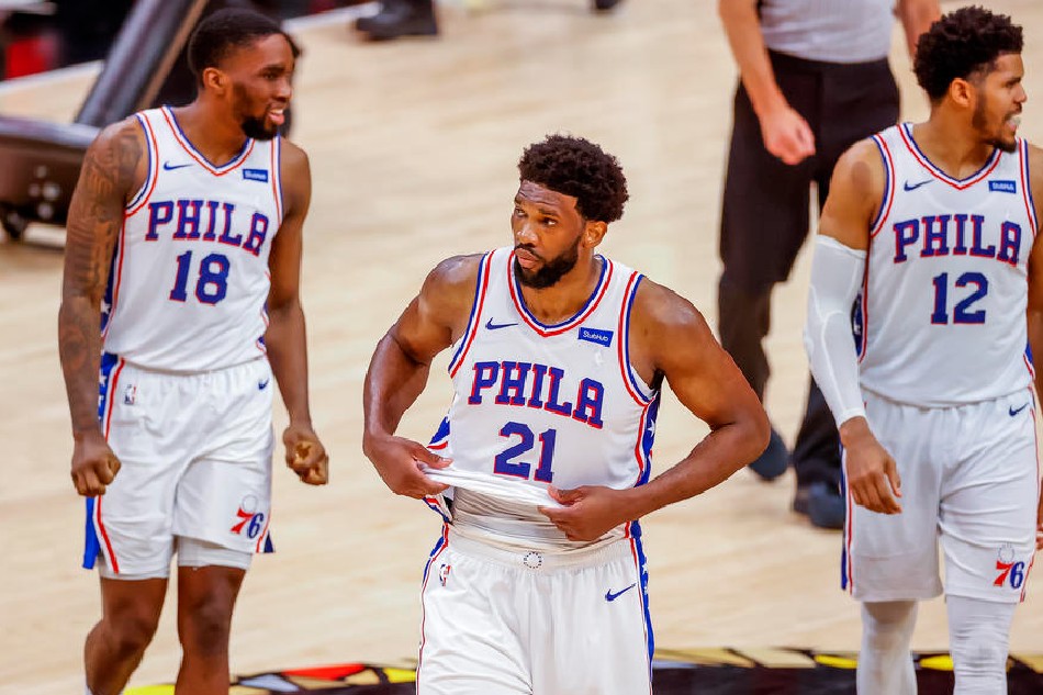 76ers center Joel Embiid and his teammates react in a game against the Hawks on June 14, 2021. Erik S. Lesser, Shutterstock Out/EPA-EFE/file