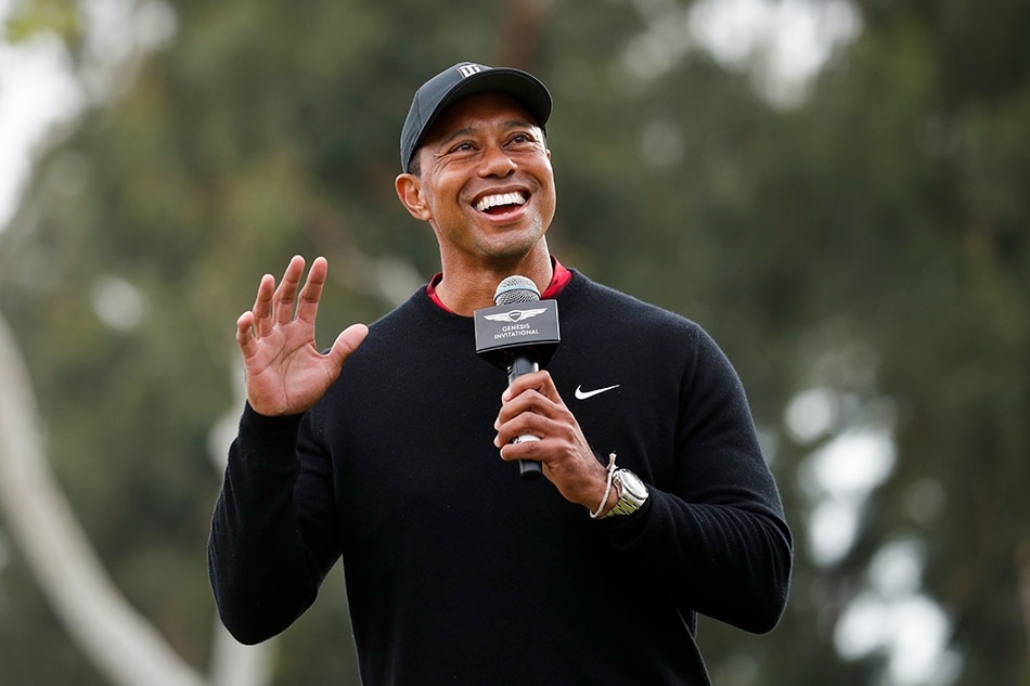 US golfer Tiger Woods speaks during a trophy ceremony for Chilean golfer Joaquin Niemann during round four of the Genesis Invitational at the Riviera Country Club in Los Angeles, California, USA, 20 February 2022. Caroline Brehman, EPA-EFE
