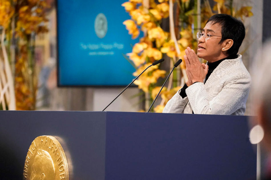 Nobel Peace Prize winner Maria Ressa speaks during the award ceremony at the City Hall in Oslo, Norway, Dec. 10, 2021. Heiko Junge, EPA-EFE/File 
