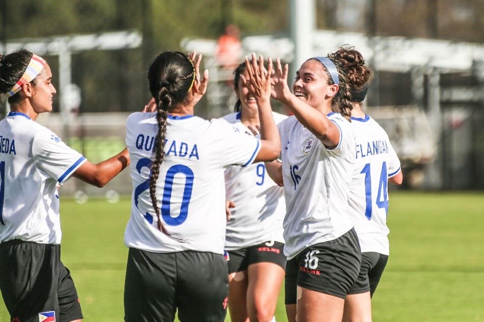 The Philippine women's national football team celebrates after scoring against Fiji in a FIFA international friendly. Photo courtesy of Skip Tan.
