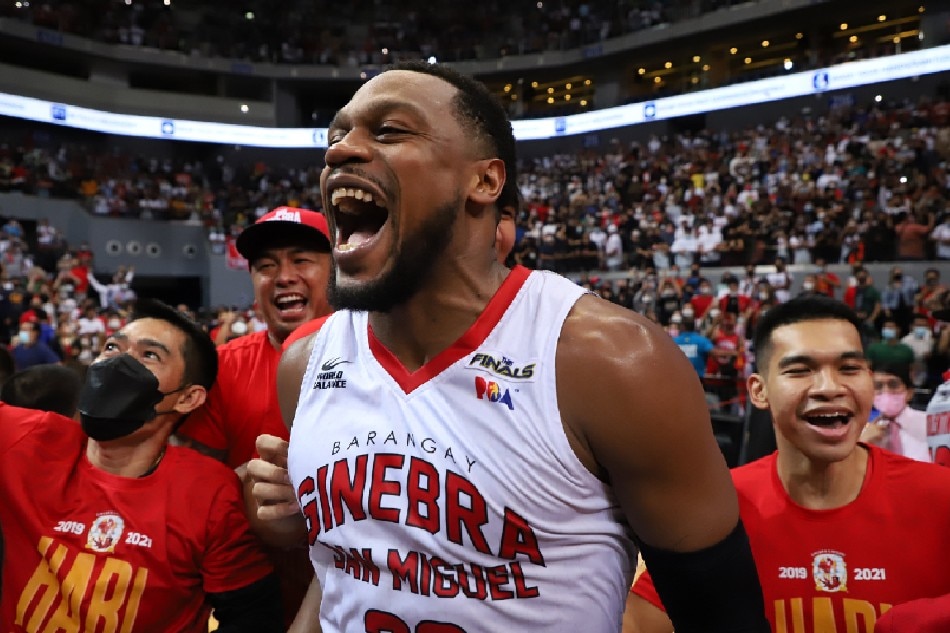 Ginebra import Justin Brownlee celebrates after winning the 2021 PBA Governors' Cup crown. PBA Images.