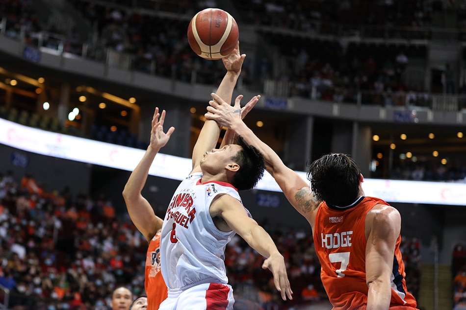 Barangay Ginebra guard Scottie Thompson soars for a rebound against Meralco in Game 6 of the 2021 PBA Governors' Cup Finals. PBA Images.