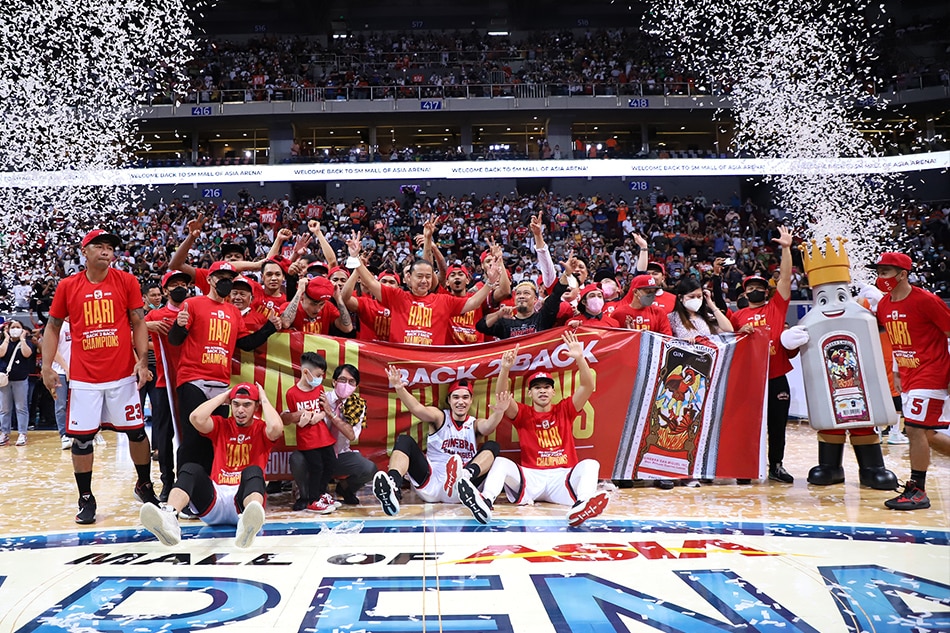 Barangay Ginebra celebrates after winning the 2021 PBA Governors' Cup title. PBA Images