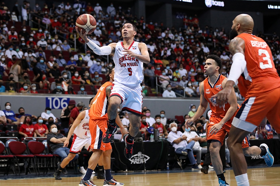 Ginebra point guard LA Tenorio soars for a layup against Meralco in Game 6 of the PBA Governors' Cup Finals. PBA Images.