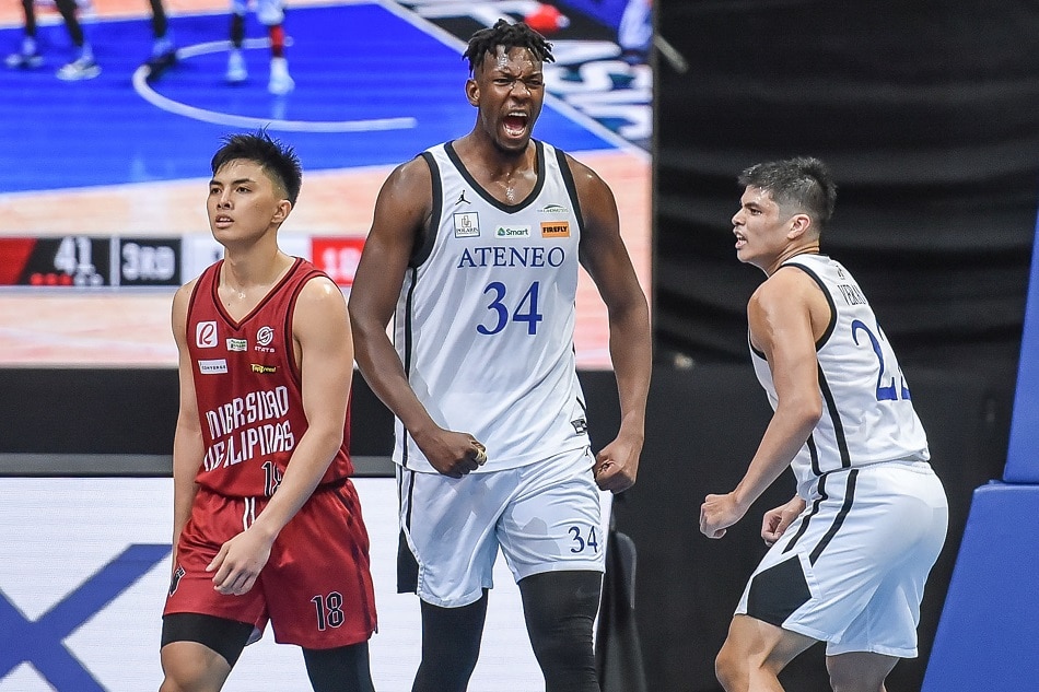 Ange Kuoame of the Ateneo Blue Eagles against the UP Fighting Maroons during Game 1 of the UAAP Season 84 Men’s Basketball Finals on May 8, 2022. UAAP Media Bureau