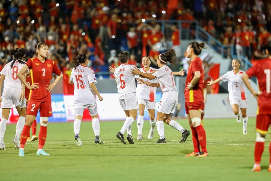 The Philippine women's national football team celebrates Tahnai Annis' goal in the first half against Vietnam. Photo courtesy of the PWNT.