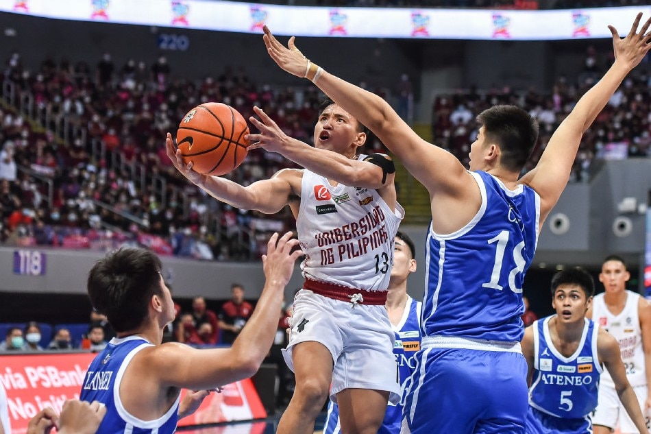 Fighting Maroons guard JD Cagulangan in action against the Blue Eagles in Game 2 of the UAAP Season 84 men’s basketball finals on May 11, 2022 at MoA Arena in Pasay. UAAP Media