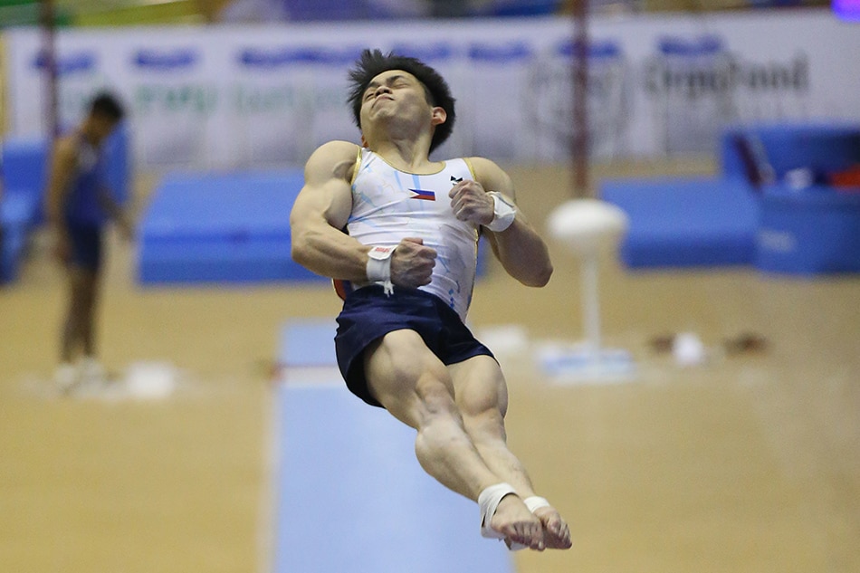 Caloy Yulo performs in the men's vault competition at the SEA Games in Vietnam on Monday. PSC/POC Media