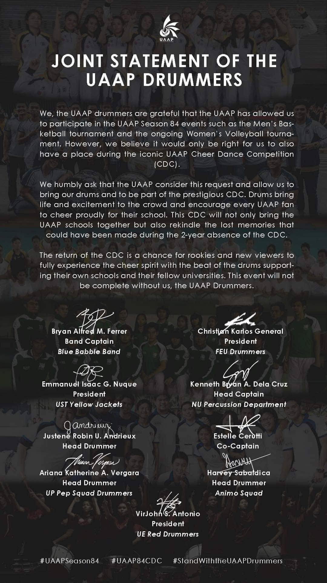 UAAP drummers statement