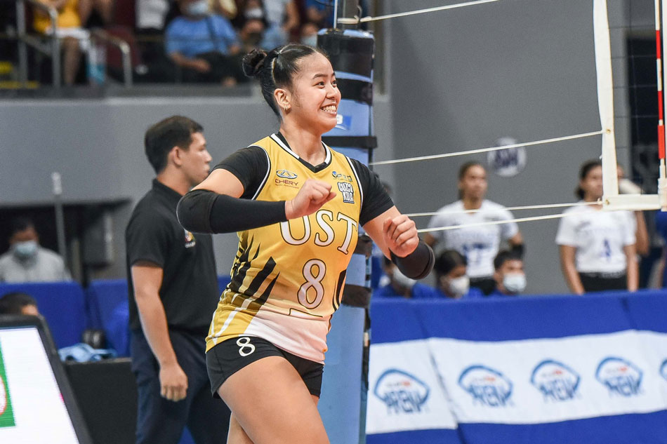 UST captain Eya Laure celebrates a point against the Ateneo Blue Eagles. UAAP Media.
