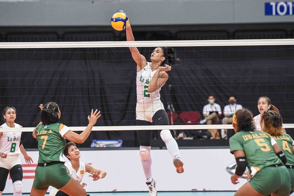La Salle middle blocker Fifi Sharma attacks the defense of the FEU Lady Tamaraws in their UAAP Season 84 first round match. UAAP Media.