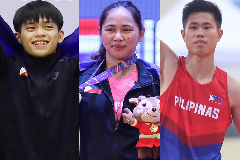 Gymnast Caloy Yulo (from left), weightlifter Hidilyn Diaz, and pole-vaulter EJ Obiena are some of the big-name Filipino athletes who deliver gold at the 31st SEA Games in Vietnam. Luong Thai Linh, EPA-EFE; PSC/POC Media