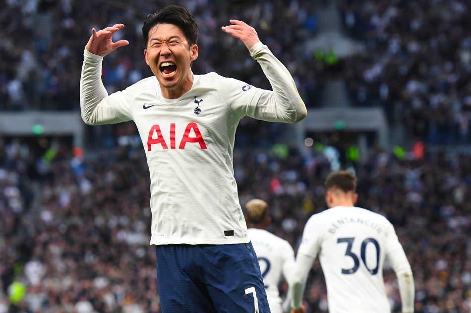 Son Heung-min of Tottenham celebrates his team's 1-0 lead during the English Premier League soccer match between Tottenham Hotspur and Arsenal FC in London, Britain, 12 May 2022. Andy Rain, EPA-EFE