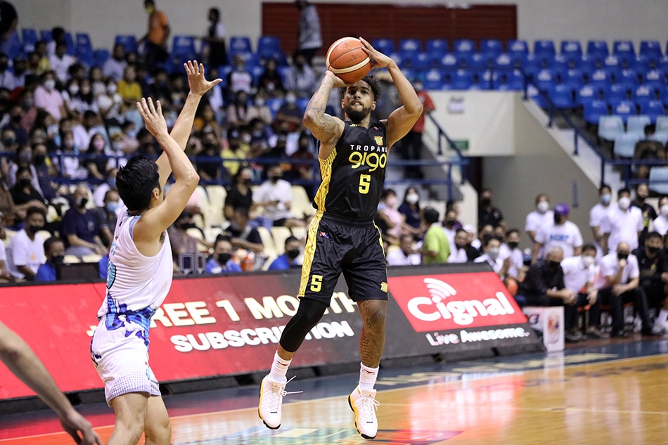 TNT's Mikey Williams pulls up for a jump shot against Phoenix Super LPG in their PBA Philippine Cup game at the Ynares Center in Antipolo. PBA Images.