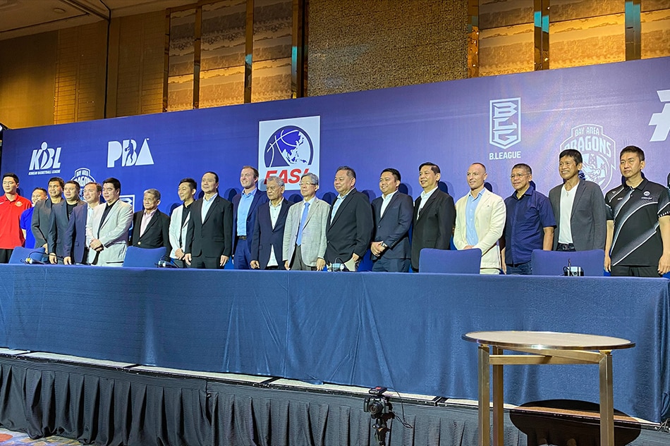 Representatives of the different teams and leagues competing in the East Asia Super League pose for a photo after the official groupings on Tuesday at Shangri-La at The Fort. The PBA was represented by Commissioner Willie Marcial. Camille B. Naredo, ABS-CBN News.
