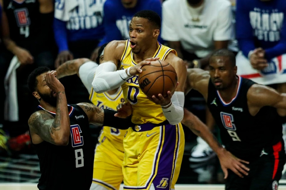 Lakers guard Russell Westbrook in action against the Clippers in their game on February 2, 2022. Etienne Laurent, Shutterstock Out/EPA-EFE