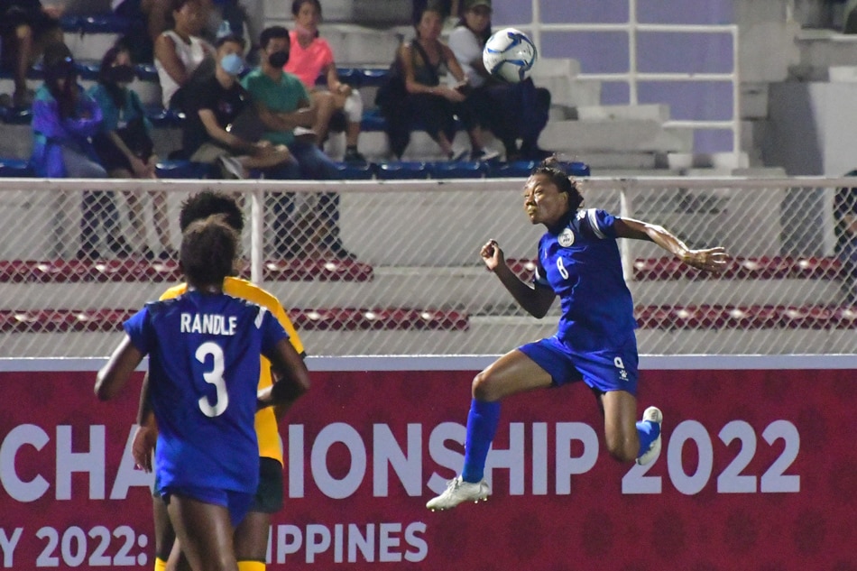 Filipina striker Sarina Bolden (8) in action against Australia in the ASEAN Football Federation (AFF) Women's Championship in Manila on July 4, 2022. Mark Demayo, ABS-CBN News.