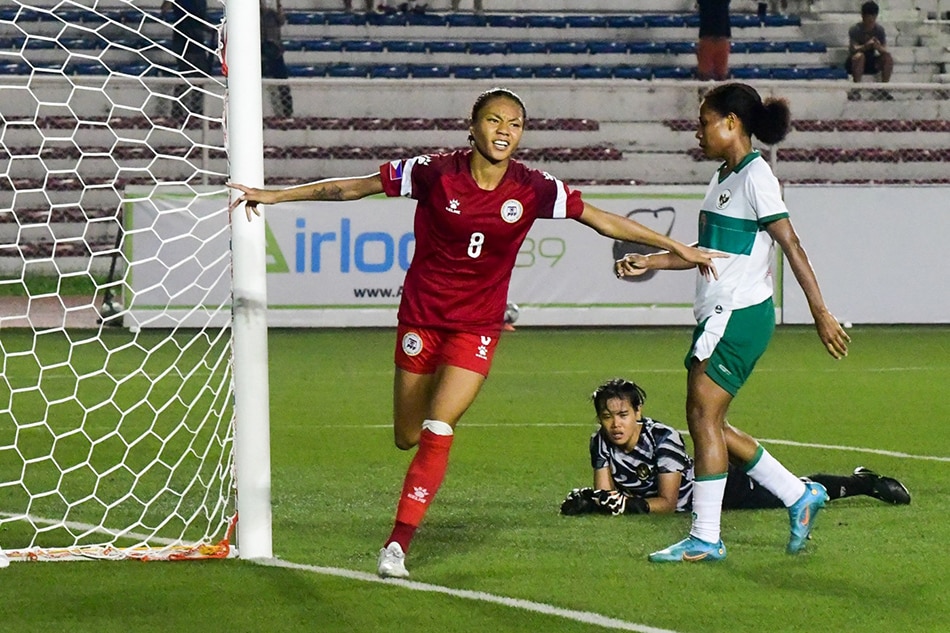 Philippines striker Sarina Bolden scored three goals in the second half to power their comeback against Indonesia. Mark Demayo, ABS-CBN News.
