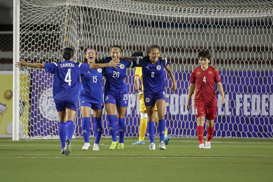 The Philippine team celebrates after scoring a goal during their match against Vietnam for the ASEAN Football Federation Championship held at the Rizal Memorial Football Stadium in Manila on July 15, 2022. George Calvelo, ABS-CBN News