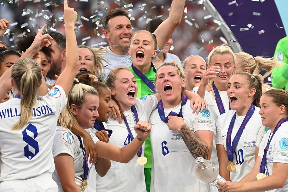 Players of England celebrate winning the UEFA Women's EURO 2022 final between England and Germany at Wembley in London, Britain, 31 July 2022. Neil Hall, EPA-EFE
