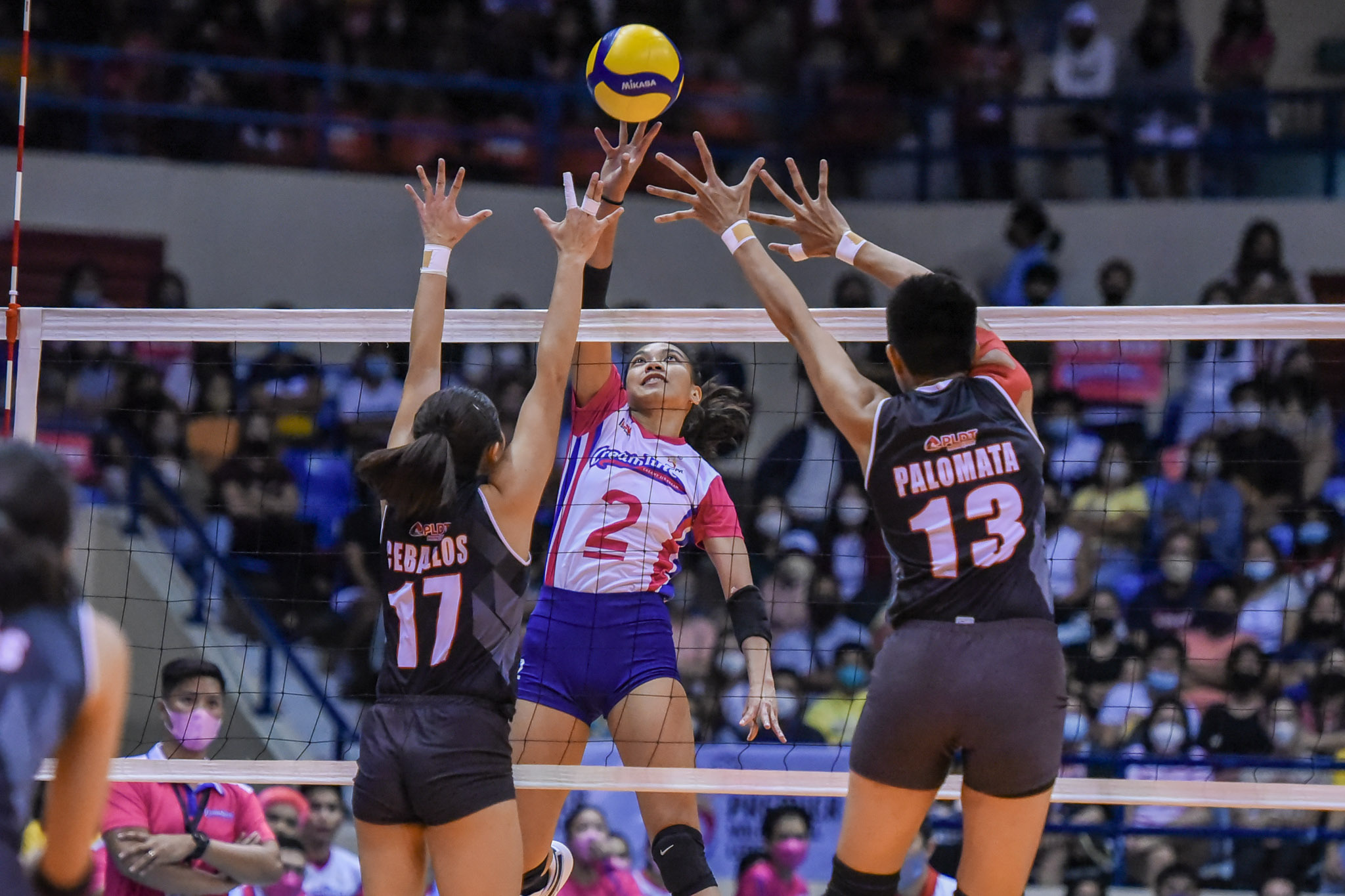 Creamline captain Alyssa Valdez tests the net defense of the PLDT High Speed Hitters in their PVL Invitational Conference semifinal match. PVL Media.