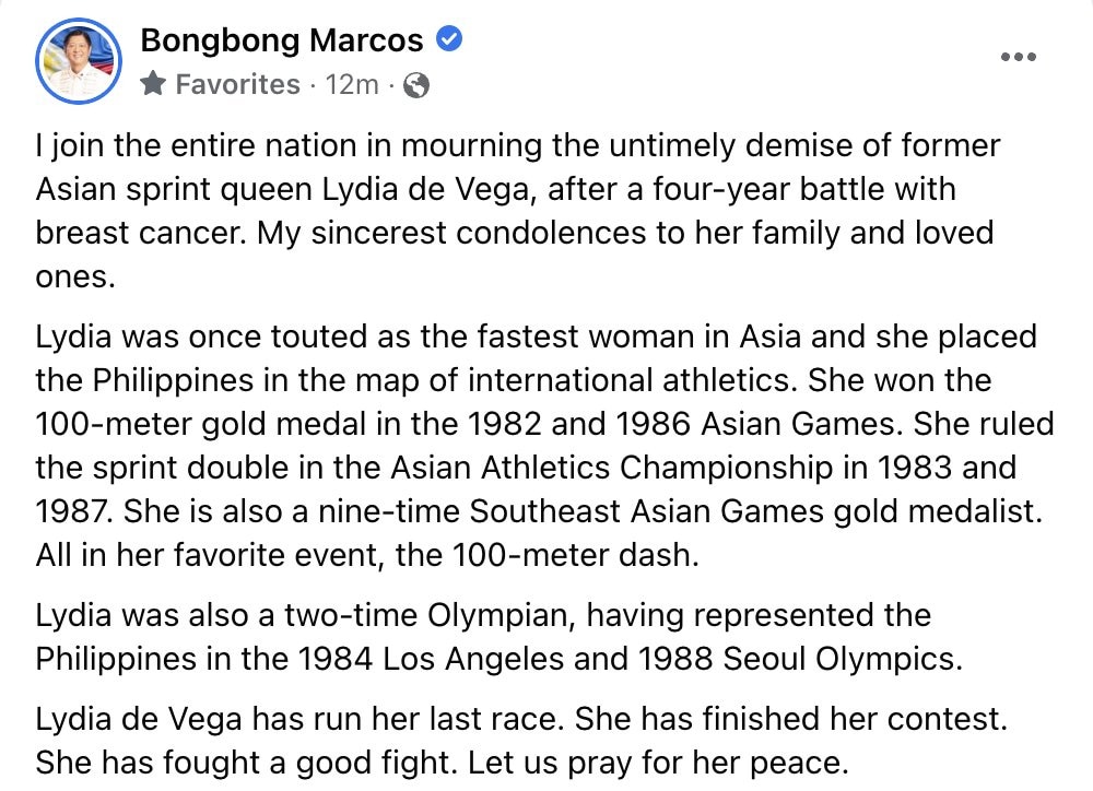 Marcos mourns passing of PH sprint queen Lydia de Vega 