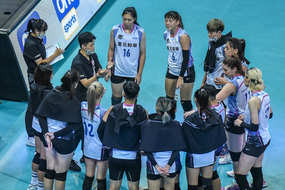 KingWhale Taipei huddle during a timeout in their match against the PLDT High Speed Hitters. PVL Media