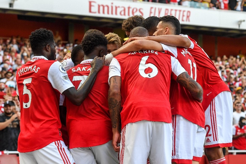 Players of Arsenal celebrate after scoring team's second goal during the English Premier League soccer match between Arsenal FC and Leicester City in London, Britain, 13 August 2022. Andy Rain, EPA-EFE.