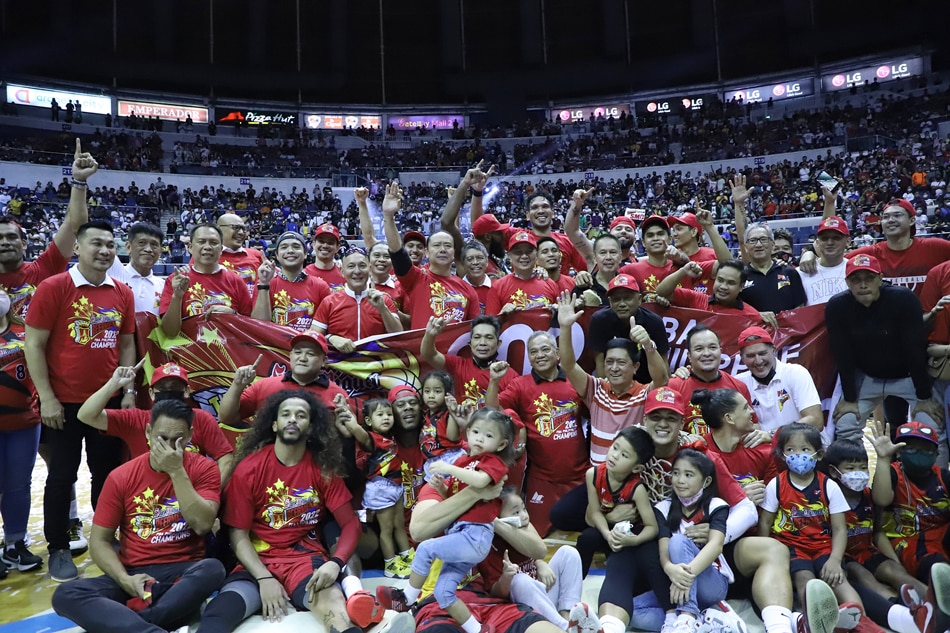 The San Miguel Beermen celebrate after winning the 2022 PBA Philippine Cup. PBA Images.