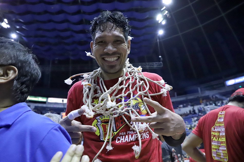 San Miguel center June Mar Fajardo celebrates after winning the All-Filipino Cup. PBA Images.