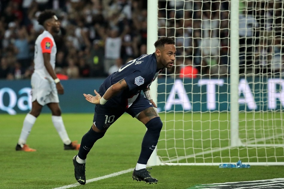 Paris Saint Germain's Neymar Jr reacts after scoring his second goal during the French Ligue 1 soccer match between PSG and Montpellier at the Parc des Princes stadium in Paris, France, 13 August 2022. Christophe Petit Tesson, EPA-EFE.