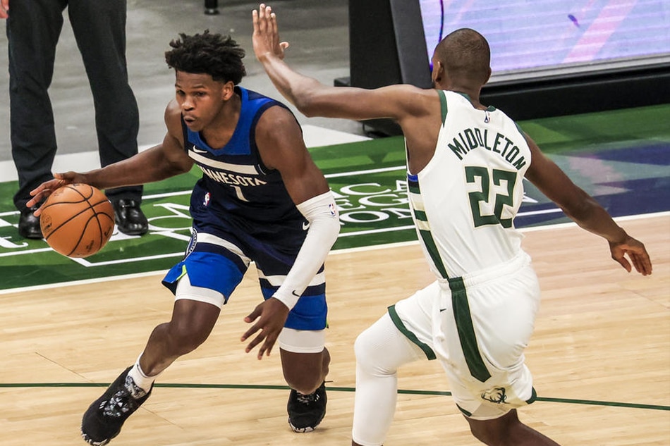 Timberwolves forward Anthony Edwards in action against the Bucks on February 23, 2021. Tannen Maury, Shutterstock Out/EPA-EFE/file