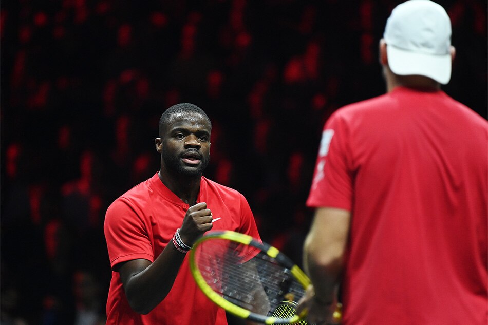 Team World double Jack Sock of the US and Frances Tiafoe (L) of the US in their match against Team Europe