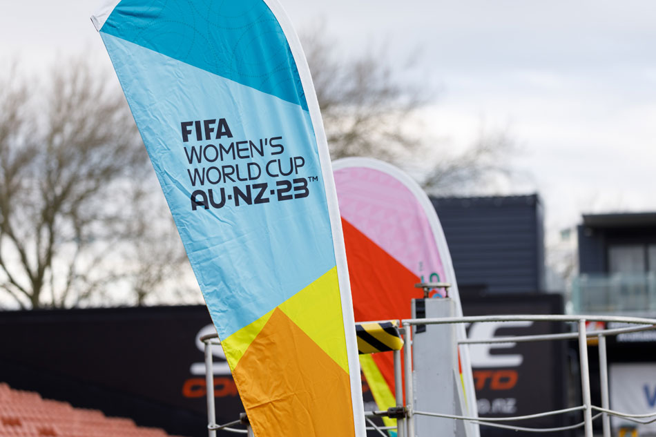 FIFA WWC 2023 signage during FIFA Women's World Cup 'One Year To Go' event at FMG Stadium Waikato on July 20, 2022 in Hamilton, New Zealand. Mike Walen/Getty Images for FIFA