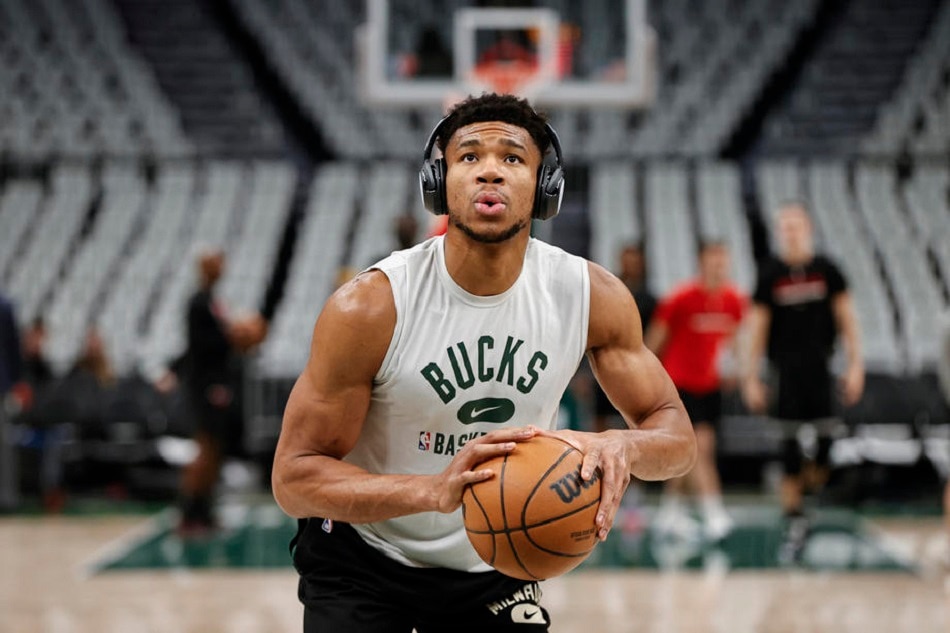 Bucks forward Giannis Antetokounmpo warms up before a playoff game on April 27, 2022. Kamil Krzaczynski, Shutterstock Out/EPA-EFE/file