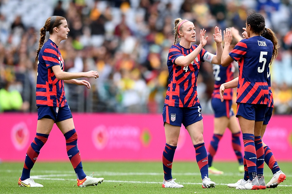 Becky Sauerbrunn of the USWNT (C) celebrates with teammates following their win in the international friendly match between Australia and the US Women's National Team at Stadium Australia in Sydney, Australia, 27 November 2021. Dan Himbrechts, EPA-EFE.
