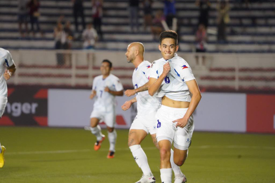 Sandro Reyes celebrates after scoring his first goal for the Azkals. From the PFF