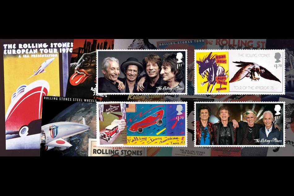 A set of four Royal Mail stamps honouring 60 years of the legendary rock group The Rolling Stones are presented in a Miniature Sheet in this undated handout image. Royal Mail/Handout via Reuters