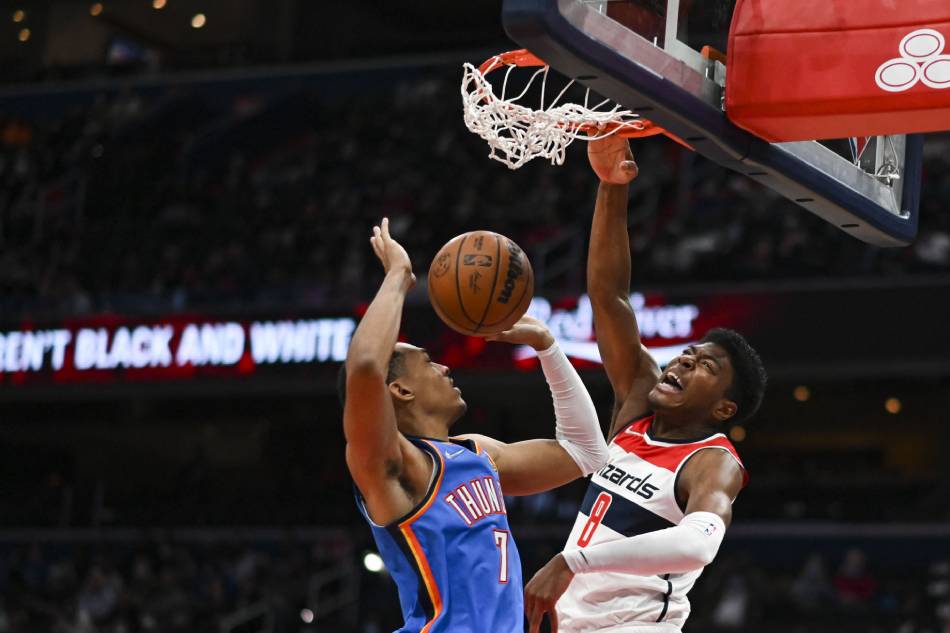 Washington Wizards forward Rui Hachimura (8) dunks as Oklahoma City Thunder forward Darius Bazley (7) defends during the second half at Capital One Arena. Tommy Gilligan, USA TODAY Sports/Reuters.