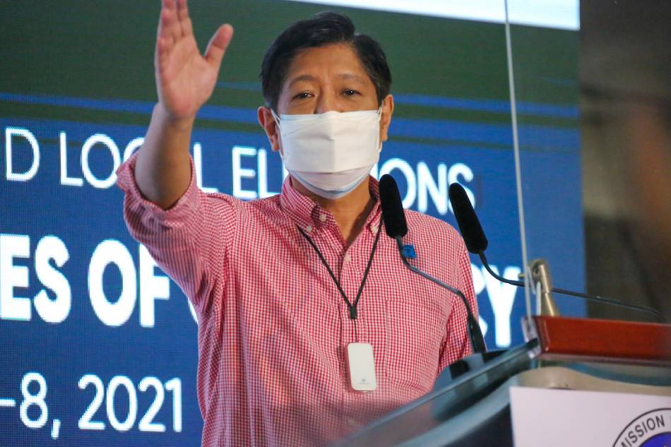 Former Senator Bongbong Marcos speaks with the members of the press after filing his certificate of candidacy (COC) for the 2022 presidential election at the Harbor Garden tent of the Sofitel Hotel in Pasay City on Oct. 6, 2021. Jonathan Cellona, ABS-CBN News/File 