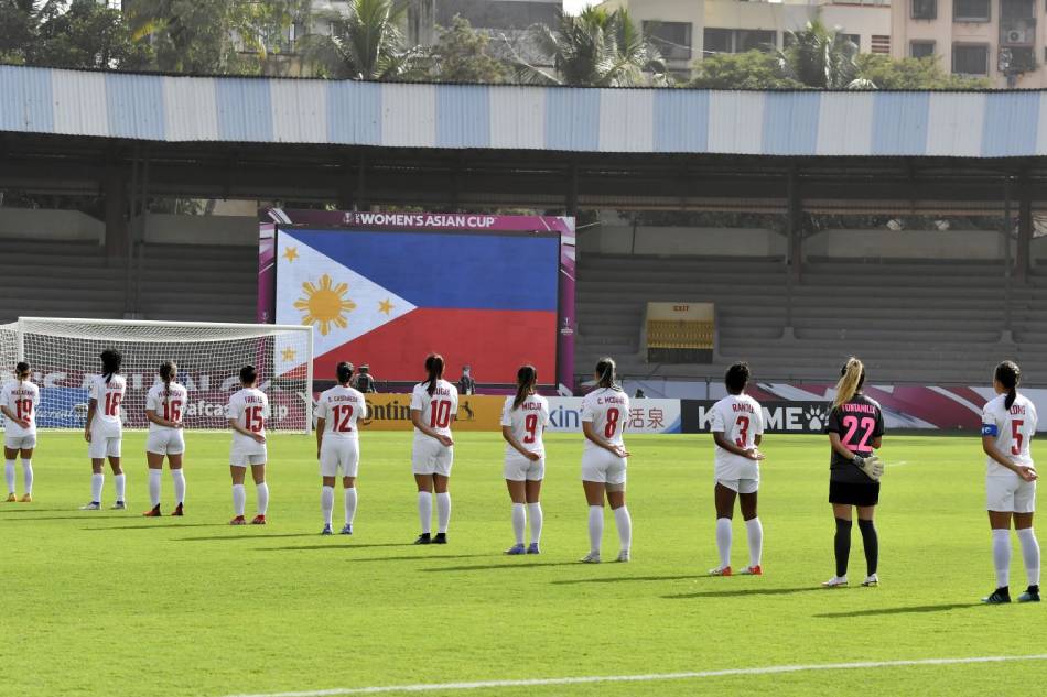 The Philippine women's national football team stands for the national anthem ahead of their AFC Women's Asian Cup match against Australia. Photo courtesy of the AFC.
