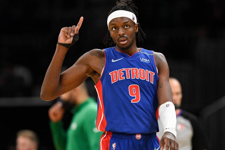 Detroit Pistons forward Jerami Grant (9) reacts after scoring a basket against the Boston Celtics during the second half at the TD Garden. Brian Fluharty, USA TODAY Sports/Reuters.