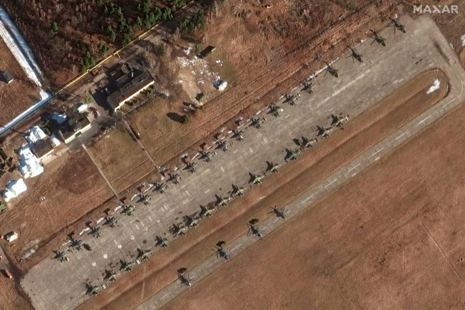 A satellite image shows su25 ground attack aircraft, at Luninets air field in Belarus, February 14, 2022. Picture taken February 14, 2022. Maxar Technologies/Handout via Reuters
