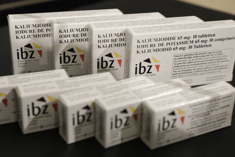 Boxes of iodine tablets are displayed during a press conference presenting the Belgium's new nuclear emergency plan in Brussels on March 6, 2018 that includes the free distribution of iodine pills. THIERRY ROGE / Belga / AFP