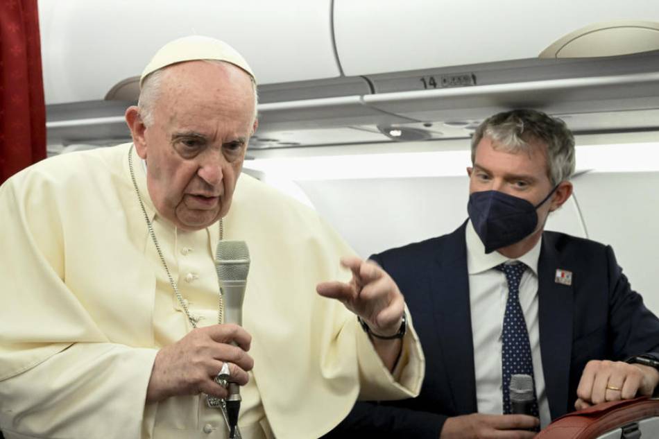 Pope Francis speaks to reporters during the return flight from Malta to Rome, after his apostolic journey to Malta, April 3, 2022. Ciro Fusco, EPA-EFE 