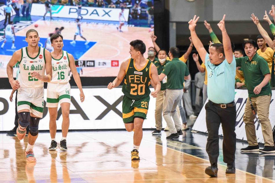 FEU's Xyrus Torres (20) celebrates after hitting a shot against La Salle in their UAAP Season 84 second round game. UAAP Media.