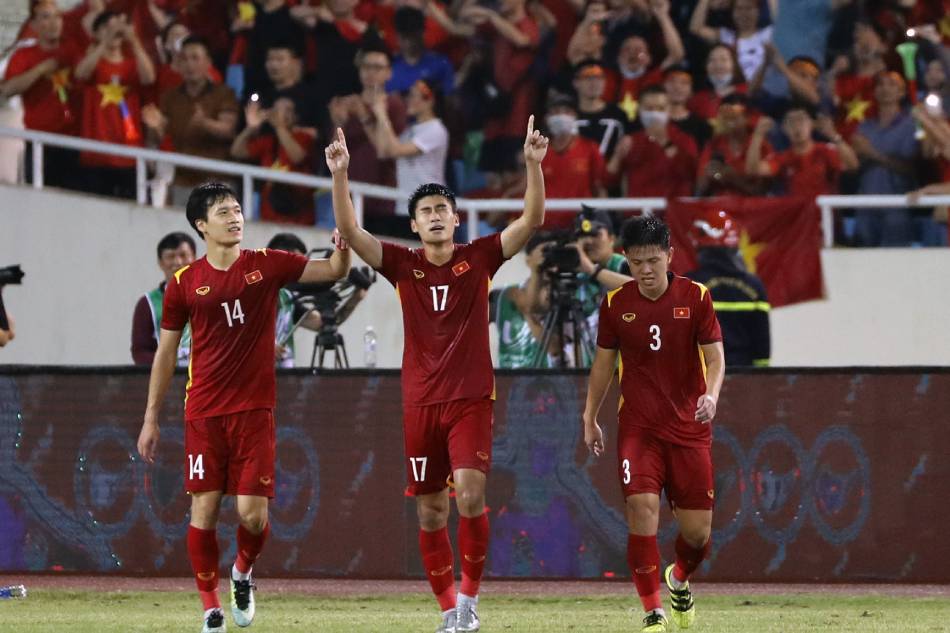 Dung Nham Manh (C) of Vietnam celebrates after scoring the 1-0 goal during the 31st Southeast Asian Games final soccer match between Vietnam and Thailand at My Dinh stadium in Hanoi, Vietnam, 22 May 2022. Luong Thai Linh, EPA-EFE.